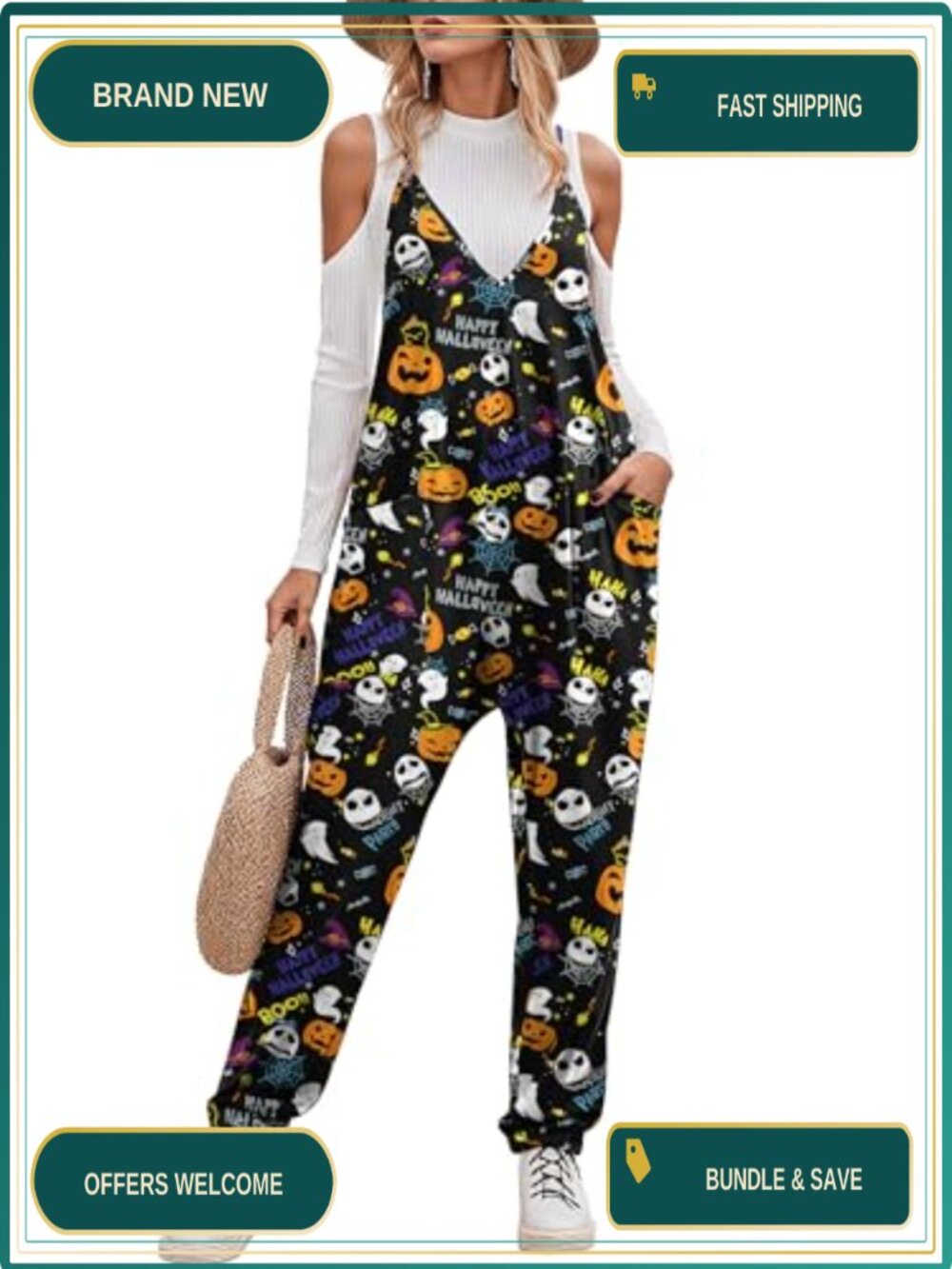Women's Loose Casual V Neck Sleeveless Jumpsuit Adjustable Spaghetti Strap Long